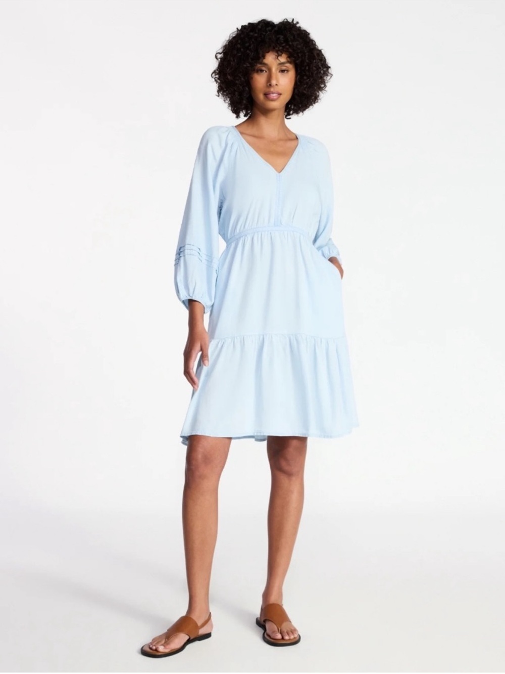 Coastal Boho Chambray Tiered Dress Small Tiered Western Balloon Sleeve Lyocell